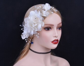 Ivory Bridal fascinator flower headpiece with beads