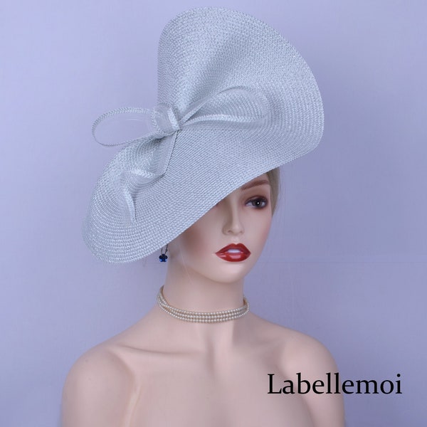 New White/metallic silver fascinator large saucer hatinator Stripe Herringbone Church Derby Ascot Wedding Tea Party Mother of the bride,gift