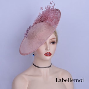 New Mauve Blush pink dusky pink fascinator headband big sinamay saucer hatinator wedding races tea party church Derby Ascot hat with feather