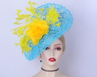 New Blue/yellow fascinator hat Turquoise Disc Saucer Hatinator Woven pattern Church Kentucky Derby Ascot Wedding Party Mother of the bride