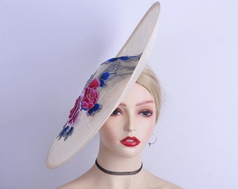 New Large Ivory fascinator Fuchsia Hot pink sinamay saucer hatinator Cobalt blue hat Grey Derby Ascot Wedding Mother of the bride Church