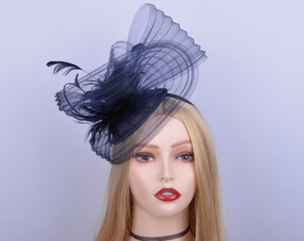 Neues design Navy Blue Fascinator Kentucky Derby hut mit federn und strauß rücken, für hochzeitsfeier kirche