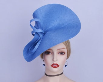 New Dusty Blue Denim blue fascinator large saucer hatinator Feather Derby hat Church Ascot Wedding hat Tea Party Mother of the bride Easter
