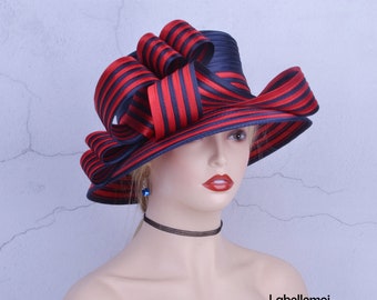 New arrival Navy blue/red Stripe Formal dress hat satin hat derby hat church hat Ascot hat Royal Wedding hat with two tone satin ribbons