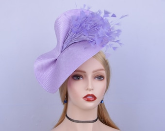 New Lavender lilac purple fascinator Big saucer hatinator Church hat Derby hat Ascot hat Wedding hat Tea Party w/feather Mother of the bride