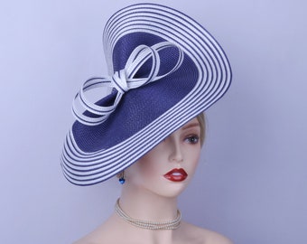 Navy blue/white Stripe fascinator large saucer hatinator Church hat Derby Ascot hat Wedding hat Tea Party hat Mother of the bride,gifts