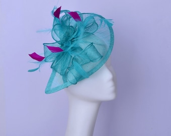 New Turquoise/fuchsia fascinator Teal Teardrop Sinamay hatinator Wedding Kentucky Derby hat Church Ascot Braids maid Mother of the bride