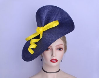 Navy blue yellow fascinator large saucer hatinator Church hat Derby Ascot hat Wedding hat Tea Party Mother of the bride Gifts