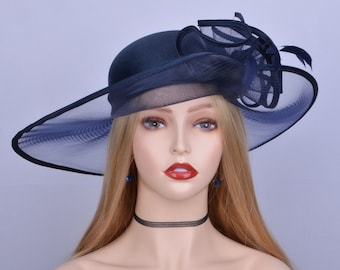 New Big Navy blue Kentucky Derby hat wide brim hatinator Ascot races hat Church hat wedding fascinator w/feathers,Easter,Mother of the bride