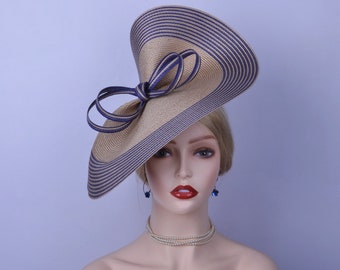 NEW exclusive Stripe Beige/Navy fascinator Tan large saucer hatinator Church Derby Ascot Wedding hat Tea Party hat Mother of the bride,gifts