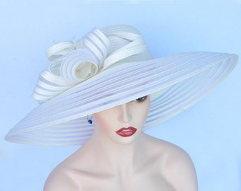 Extra Large Ivory wedding hat Church hat Wide brim Kentucky Derby hat fascinator Easter Mother of the bride w/feathers Photography Gifts