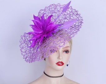 New Lilac Purple fascinator feather Big saucer hatinator Woven pattern Derby hat Church Ascot Wedding Party Mother of the bride Prom Gift