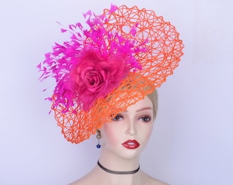 New Orange/fuchsia fascinator hat Hot pink Disc Saucer Hatinator Woven pattern Church Kentucky Derby Ascot Wedding Party Mother of the bride