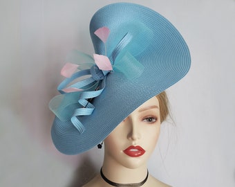 Nouveau bleu poudre/rose fascinator grande soucoupe hatinator bleu bébé Derby chapeau bleu clair mariage Ascot mère de la mariée Pâques cadeaux de bal