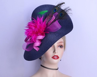 Large Navy/fuchsia/green fascinator hot pink saucer hatinator Church Derby hat Ascot Races Royal Wedding Tea Party Mother of the bride,gifts