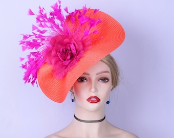 Neuer orange/fuchsiafarbener Fascinator-Hut, Hot Pink, Scheiben-Untertasse, Hatinator, gewebt, Kirche, Kentucky Derby, Ascot, Hochzeit, Teeparty, Mutter der Braut