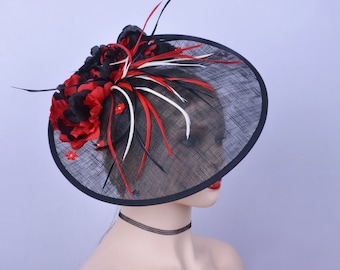 NEW one off design,black/red/ivory Big sinamay saucer hatinator Kentucky Derby royal wedding fascinator w/feather&silk flower