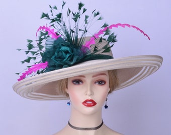 Large Nude/emerald green Kentucky Derby hat fuchsia Royal Wedding Ascot Church Wide brim hatinator Mother of the bride Photography Easter