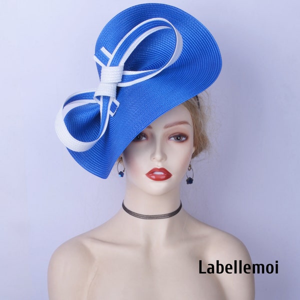 Exclusive Sapphire blue/white fascinator two tone Royal Big saucer hatinator Church Derby Ascot hat Wedding Tea Party Mother of the bride