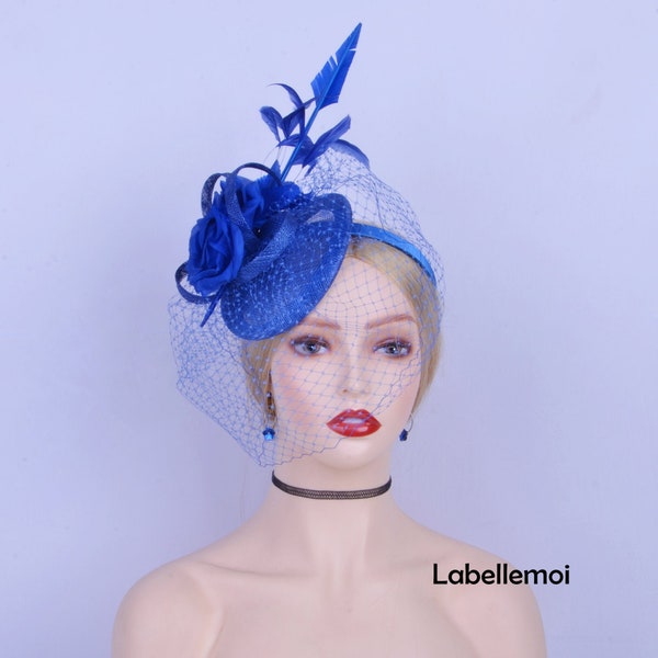 Royal blue silk flower sinamay fascinator hair accessory for wedding Kentucky derby.
