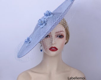 Pale Blue Sinamay Fascinator Hat: Extra Large Saucer, Wedding Ascot