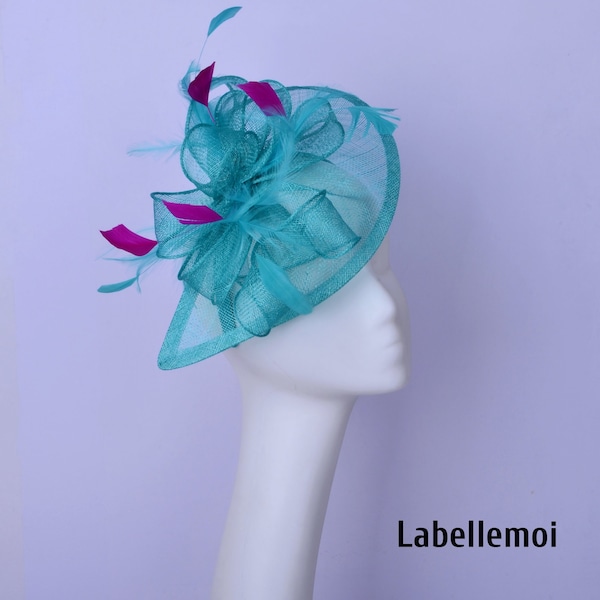 New Turquoise/fuchsia fascinator Teal Teardrop Sinamay hatinator Wedding Kentucky Derby hat Church Ascot Braids maid Mother of the bride