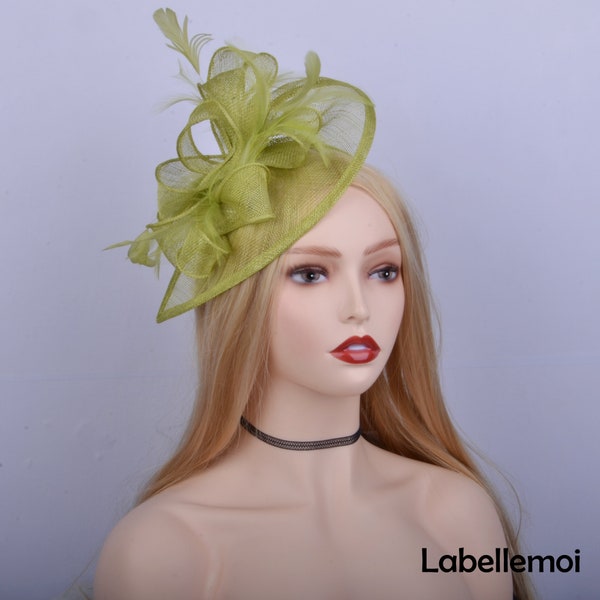 NEW Lime green Olive green teardrop sinamay fascinator w/feathers, ideal for Kentucky derby Ascot races Royal Wedding,Tea party
