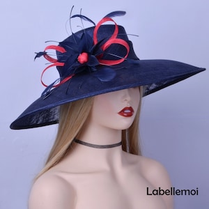 NEW Extra Large Navy blue/red sinamay hat wide brim Kentucky Derby hat Church hat Wedding hat hatinator,Mother of the bride,Easter,gifts