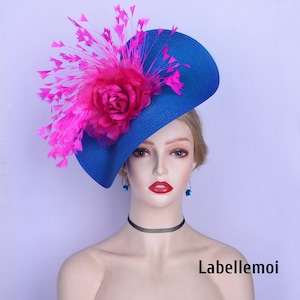 New Royal blue/fuchsia fascinator hat Hot pink Saucer Hatinator Church Kentucky Derby Ascot Wedding Tea Party Mother of the bride feathers
