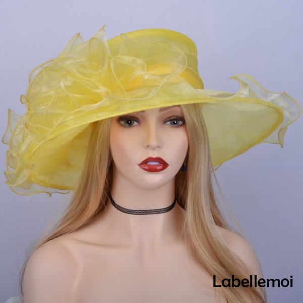 New Bright yellow hat Large brim Kentucky Derby hat Organza Church Hat for races,Royal Ascot,Wedding,party,church,Mother of the bride