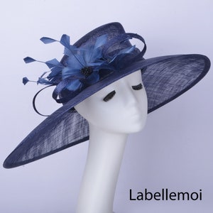 Navy blue X large sinamay hat Derby hat church hat wedding hat dress hat hatinator feather fascinator Tea Party Mother of the bride Easter