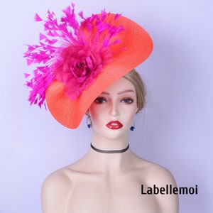 New Orange/fuchsia fascinator hat Hot pink Disc Saucer Hatinator Woven Church Kentucky Derby Ascot Wedding Tea Party Mother of the bride