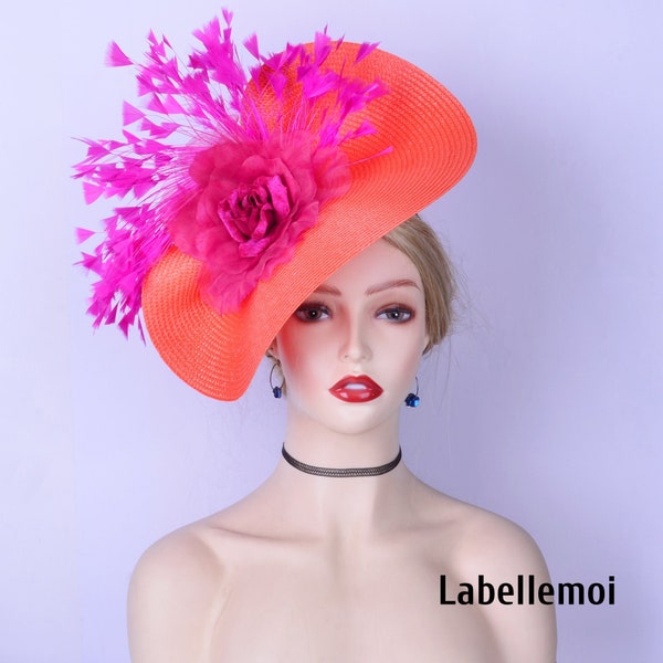 Nouveau chapeau bibi orange/fuchsia rose fuchsia disque soucoupe Hatinator tissé église Kentucky Derby Ascot mariage thé fête mère de la mariée