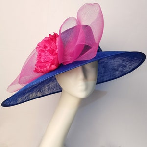 New Cobalt blue/fuchsia X Large sinamay hat church Kentucky Derby Ascot races hats wedding hatinator mother of the bride w/bow&feather