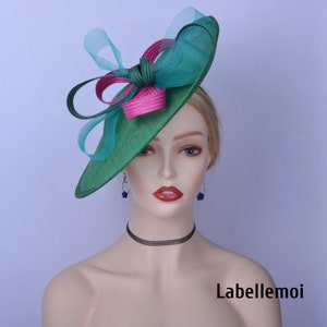 New Emerald green/fuchsia Hot Pink fascinator headband big sinamay saucer hatinator Wedding Races Tea Party Church Derby Ascot hat Gifts