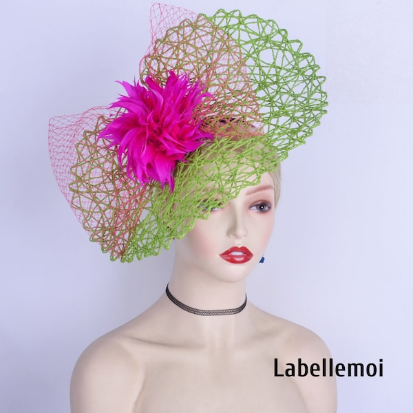 New Green/Fuchsia fascinator Hot pink Big saucer hatinator Veil Derby hat Church Ascot Wedding Tea Party Mother of the bride Prom Gifts