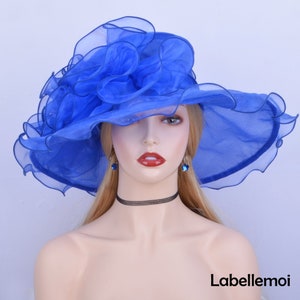New Royal blue hat Large brim Kentucky Derby hat Organza Church Hat for races,Royal Ascot,Wedding,party,church,Mother of the bride