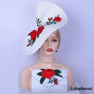 Exclusive White/red fascinator&evening bag set large saucer hatinator Church hat Derby hat Ascot hat Wedding hat Mother of the bride