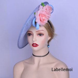 Exclusive Blue/Pink fascinator Baby blue Big sinamay saucer headband hatinator wedding races tea party church Derby Ascot hat w/silk flower