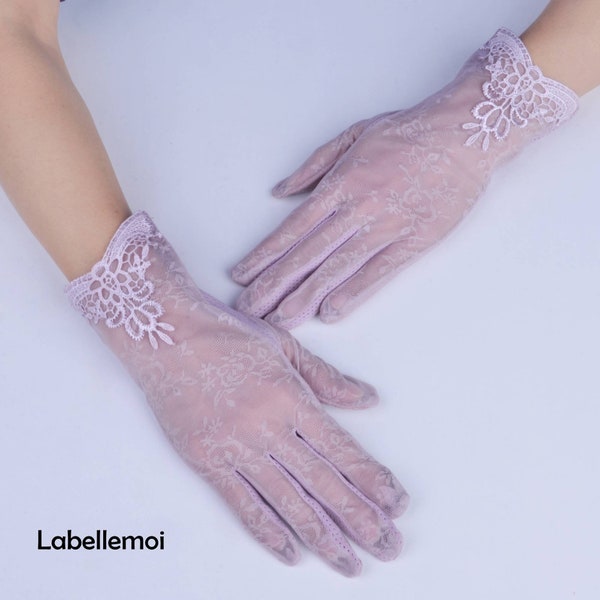 Nouveau gant court anti-UV élégant en dentelle violet chiné pour femme avec écran tactile pour femme Derby, course de mariage, église, mère de la mariée