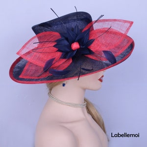 NEW Navy blue/red Kentucky Derby hat Large sinamay hatinator church Ascot fascinator w/feather flower,wedding party race,Mother of the bride