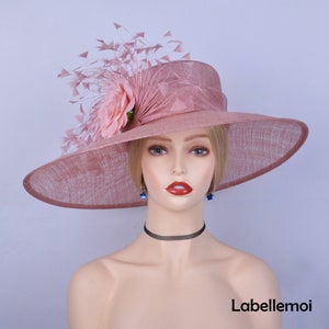 NEW exclusive Blush pink Derby hat Large sinamay hat church hat Wedding hat hatinator mother of the bride w/feather&flower