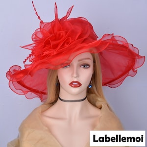 New Large brim red organza hat Kentucky Derby hat Church Hat for Royal Ascot,Wedding,party,Easter,mother of the bride,Mother's Day,gifts
