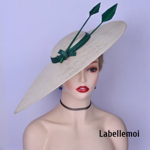 Exclusive Extra Large Ivory Kentucky Derby hat Emerald green sinamay fascinator saucer hatinator Royal wedding Mother of the bride Church