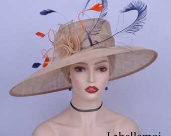 Ivory Sinamay Kentucky Derby Hat, Feather Flower Ascot Hat  display picture 3