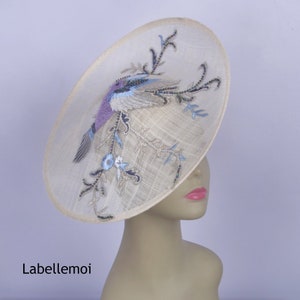 Chinoiserie ivory/blue/purple saucer sinamay hatinator Kentucky Derby hat royal Ascot lace hat wedding fascinator w/flower&bird embroidery