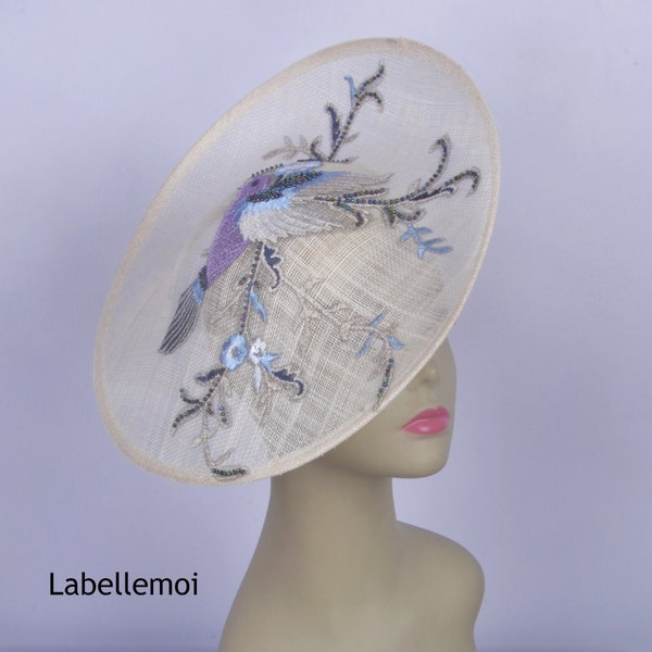 Chinoiserie ivory/blue/purple saucer sinamay hatinator Kentucky Derby hat royal Ascot lace hat wedding fascinator w/flower&bird embroidery