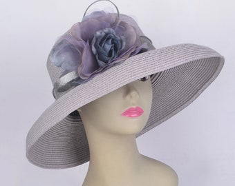 Nouveau design rétro gris Kentucky Derby chapeau Ascot courses chapeau fascinateur de mariage avec des rubans sinamay et fleur de soie