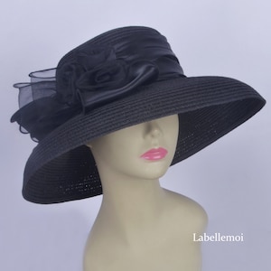 NEW retro design BLACK Church hat Derby hat Royal wedding fascinator Ascot hat straw hat summer beach hat w/satin loops&organza flower