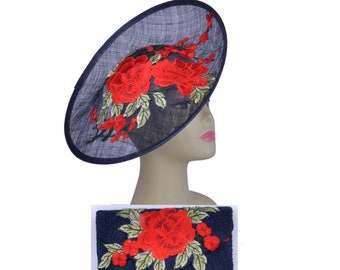 Chinoiserie navy blue/red saucer sinamay hatinator Derby hat Ascot lace hat wedding fascinator w/big flower of peony&plum blossom embroidery